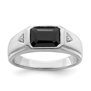 14k White Gold Genuine Fine Jewelry Polished & Satin Onyx & Diamond Mens Ring